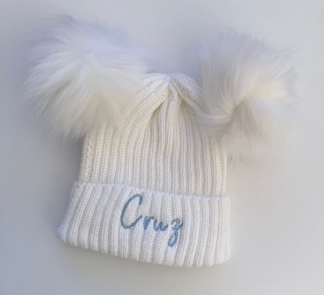 White Embroidered Newborn Double PomPom Beanie