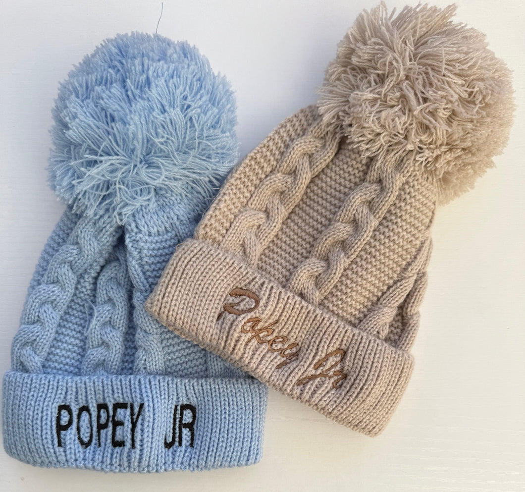 Embroidered Newborn PomPom Beanie